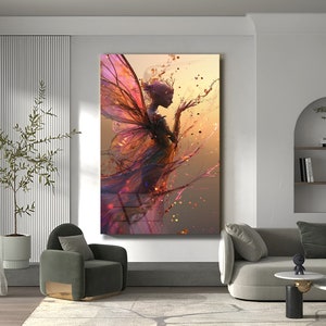 May include: A digital painting of a fairy with large, translucent wings. The fairy is depicted in a silhouette with a soft, ethereal glow. The background is a warm, golden color with splashes of pink and orange.