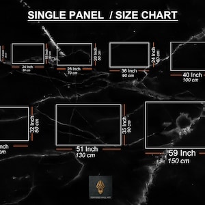 May include: Size chart for single panel wall art prints. The chart shows the dimensions in inches and centimeters for prints ranging from 20 inches to 48 inches.