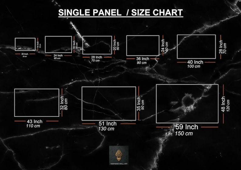 May include: Size chart for single panel wall art prints. The chart shows the dimensions in inches and centimeters for prints ranging from 20 inches to 48 inches.