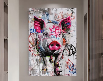 Tempered Glass Wall Art Banksy Wall decor Pig Gift Animal Portrait Nursery Wall Art Wall Hangings Extra Large Decor Office gift home decor