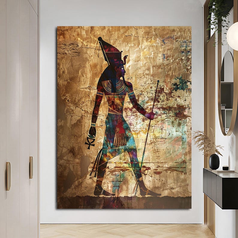 Pu&ograve; includere: Una stampa d'arte digitale di un faraone egizio su uno sfondo dorato e marrone. Il faraone &egrave; raffigurato in uno stile colorato e dettagliato, con uno scettro in mano.