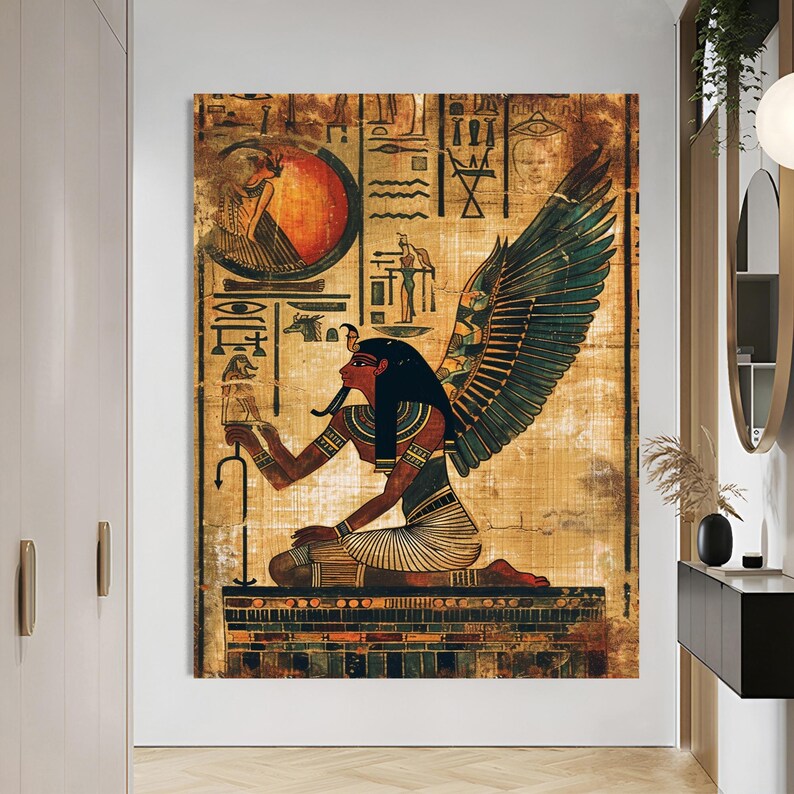 May include: An illustration of an Egyptian goddess with large wings, wearing a crown and holding a staff. The image is on a parchment-like background with hieroglyphs and other symbols.