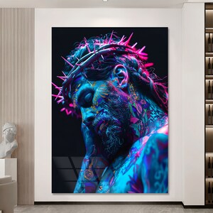 May include: A digital art print of a person with a crown of thorns and colorful body paint. The person's eyes are closed and they are looking down. The background is black.