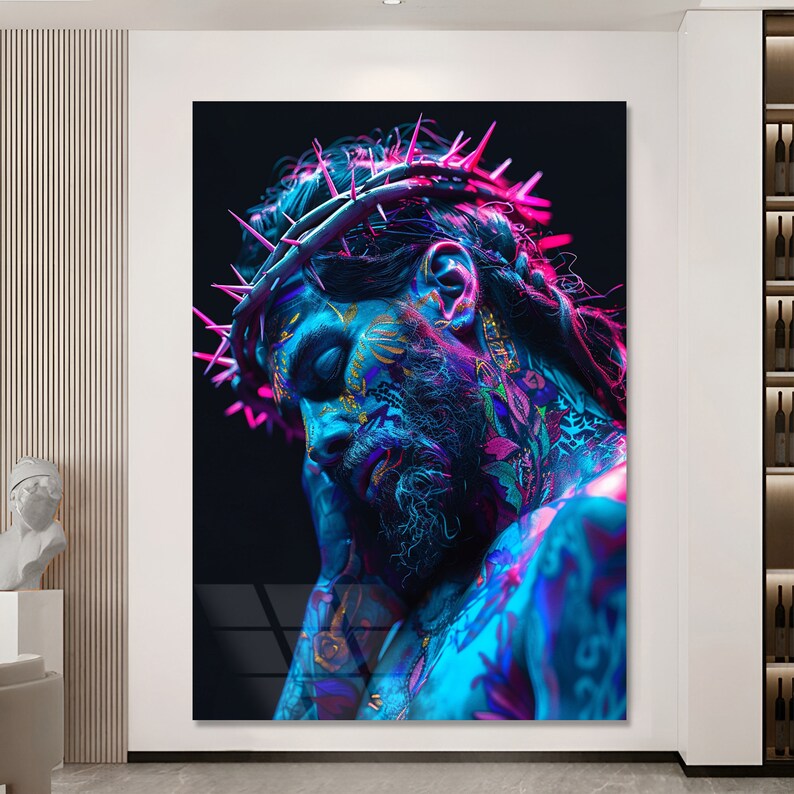 May include: A digital art print of a person with a crown of thorns and colorful body paint. The person's eyes are closed and they are looking down. The background is black.