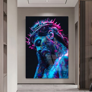 May include: A digital art print of a person with a crown of thorns, painted in vibrant blue, pink, and purple hues. The person's face is partially obscured, and their eyes are closed. The background is black.