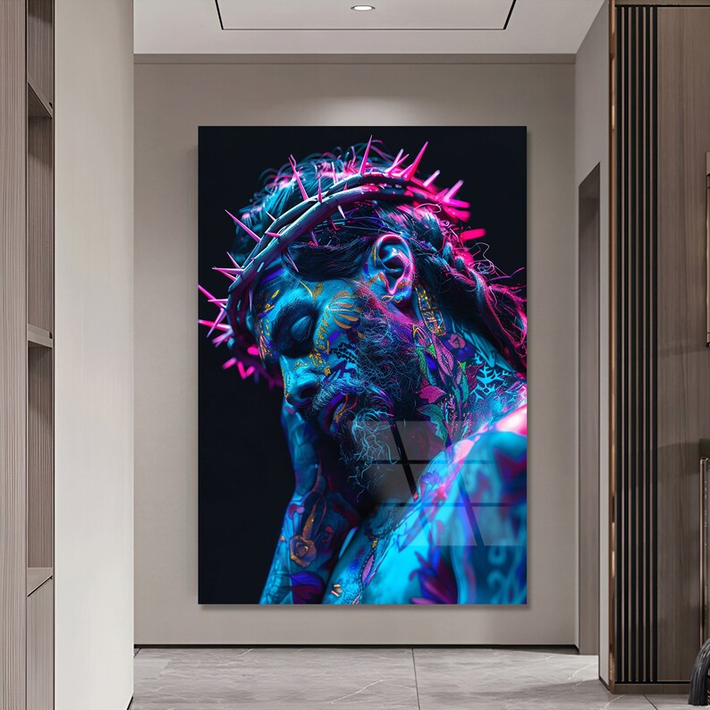 May include: A digital art print of a person with a crown of thorns, painted in vibrant blue, pink, and purple hues. The person's face is partially obscured, and their eyes are closed. The background is black.