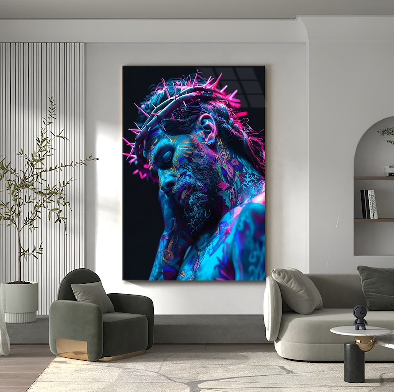 May include: A digital art print of a person with a crown of thorns, blue and purple skin, and a beard. The background is black.
