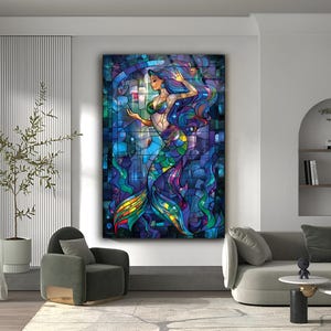 May include: A stained glass style illustration of a mermaid with blue, green, and purple scales. The mermaid is surrounded by a blue and purple background with a stained glass effect.