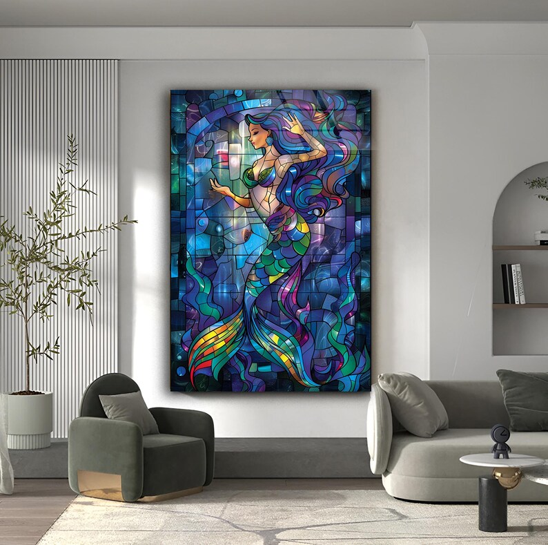 May include: A stained glass style illustration of a mermaid with blue, green, and purple scales. The mermaid is surrounded by a blue and purple background with a stained glass effect.