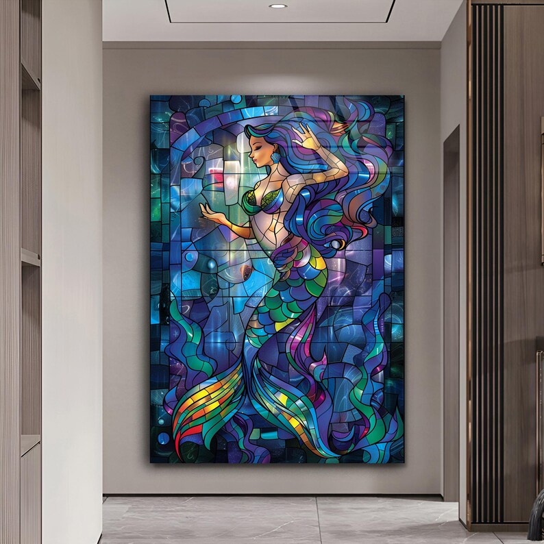 May include: A stained glass style illustration of a mermaid with long blue hair and a colorful tail. The mermaid is surrounded by a blue and purple background with a stained glass effect.
