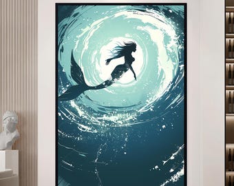 Mermaid Art Ocean Fantasy Art Nautical Decor Large Mermaid Canvas Underwater Sea Art Coastal Wall Hanging Gift for Her Beach House Decor