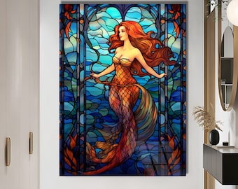 Arte in vetro colorato con sirena, arte in vetro colorato, arazzo da parete, grande arte da parete, regalo per la mamma, arte da parete di lusso, arte in vetro, regalo di inaugurazione della casa