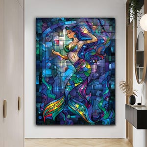 May include: A stained glass style illustration of a mermaid with long blue hair and a colorful tail. The mermaid is surrounded by a blue and purple background with a variety of shapes and patterns.