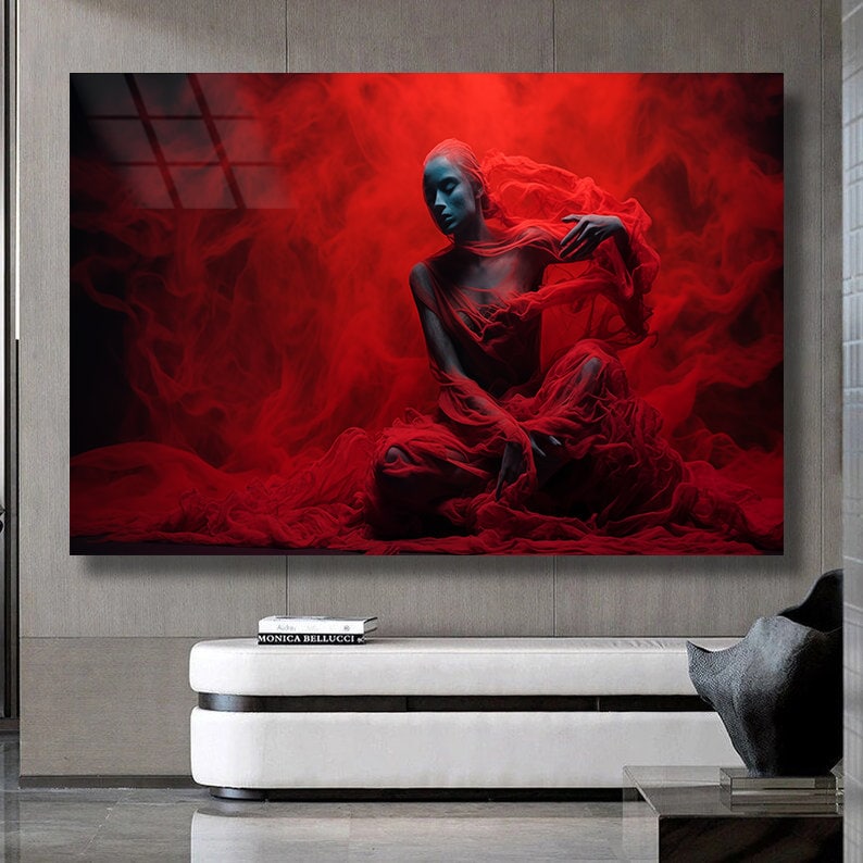 Abstract Glass Art, Red Woman Wall Art, Red Glass Art, Tempered Glass Art, Large Wall Art, Fashion Wall art, Livingroom Wall Decor Art Decor image 1