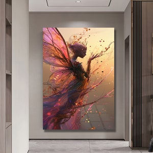 May include: A digital painting of a fairy with large, iridescent wings. The fairy is silhouetted against a background of swirling colors and sparkles.