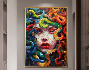 Obraz na płótnie Medusa Art Starożytna grecka dekoracja Sztuka abstrakcyjna Rzeźba Meduzy Mitologia grecka Prezent Bardzo duże dzieło sztuki Oprawione na ścianę