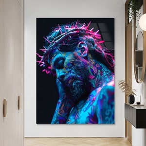 May include: A digital art print of a person with a crown of thorns, blue and purple skin, and intricate floral tattoos. The person's eyes are closed and they are looking down.