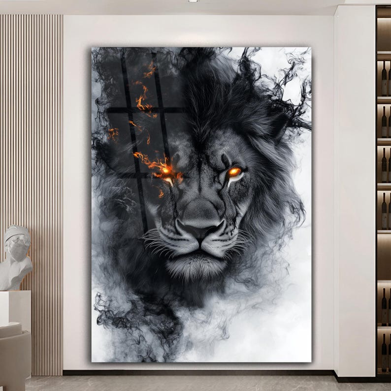 Lion Glass Wall Art, Majestic Lion Print, Large Wall Art, Tempered Glass Decor, Modern Home Decor, Man Cave Decor Living Room Wall Art