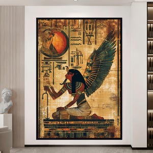 May include: A vintage-style illustration of an Egyptian goddess with wings, holding a staff. The image is set against a background of hieroglyphics and ancient symbols.