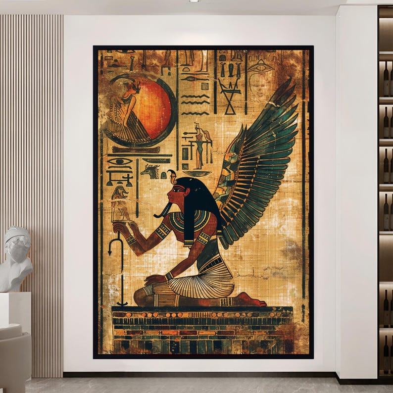 May include: A vintage-style illustration of an Egyptian goddess with wings, holding a staff. The image is set against a background of hieroglyphics and ancient symbols.