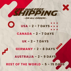 May include: A graphic with a red and white background and the text "FAST and FREE SHIPPING - ON ALL ORDERS -" in brown text. The graphic also includes shipping times for different countries, including the USA, Canada, UK, Germany, Australia, and the rest of the world.