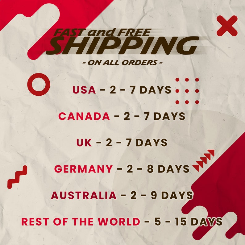May include: A graphic with a red and white background and the text "FAST and FREE SHIPPING - ON ALL ORDERS -" in brown text. The graphic also includes shipping times for different countries, including the USA, Canada, UK, Germany, Australia, and the rest of the world.