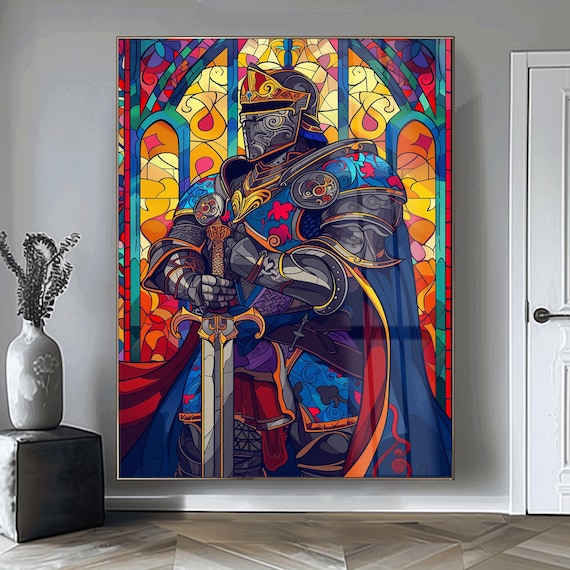 Knight Wall Art, Stained Glass Knight Decor, Medieval Warrior Artwork Tempered Glass Print, Gothic Wall Hanging Gift for Him Bold Wall Decor