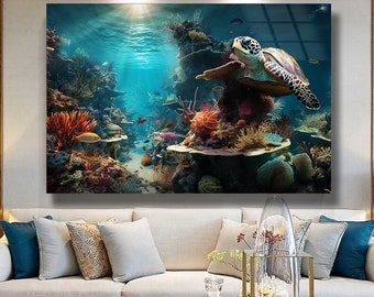 Ocean Themed Wall Art, Ocean Glass Art, Aquarium Wall Art, Turtle Wall Art, Luxury Wall Art, Art Glass, Wall Hanging, Landscape Glass  Art