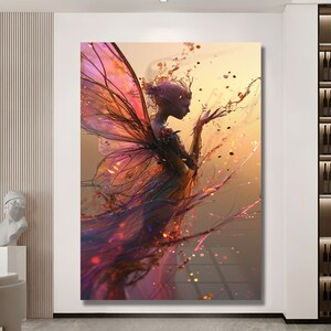 May include: A digital painting of a fairy with large, translucent wings. The fairy is depicted in a flowing, ethereal gown with a golden glow. The background is a soft, abstract design with splashes of color.