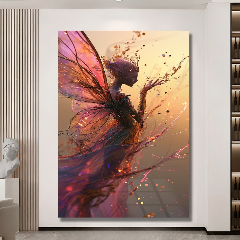 May include: A digital painting of a fairy with large, translucent wings. The fairy is depicted in a flowing, ethereal gown with a golden glow. The background is a soft, abstract design with splashes of color.