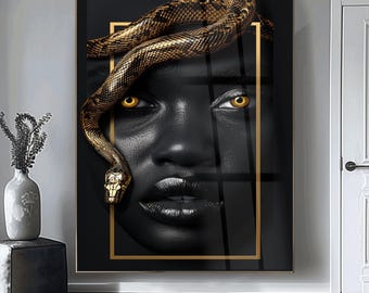 Luxury Black and Gold Glass Wall Art African Woman with Snake Modern Glass Decor Large Framed Artwork Elegant Statement Piece Unique Gift