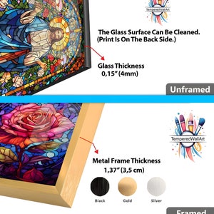 K&ouml;nnte beinhalten: Ein Kunstwerk aus Buntglas mit einer Rose und einer religi&ouml;sen Figur. Das Kunstwerk ist gerahmt oder ungerahmt erh&auml;ltlich. Die gerahmte Version hat einen 3,5 cm dicken Metallrahmen in Schwarz, Gold oder Silber. Das Glas ist 4 mm dick.