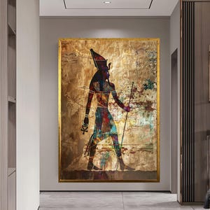 Pu&ograve; includere: Un dipinto colorato di un faraone egizio su sfondo dorato. Il faraone &egrave; raffigurato di profilo, con in mano uno scettro e con un copricapo.