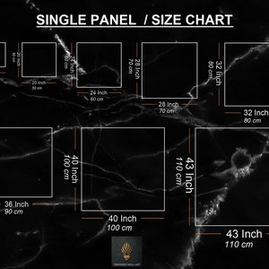 May include: A size chart for single panel canvas prints. The chart shows the dimensions in inches and centimeters for various sizes, ranging from 16 inches to 43 inches.