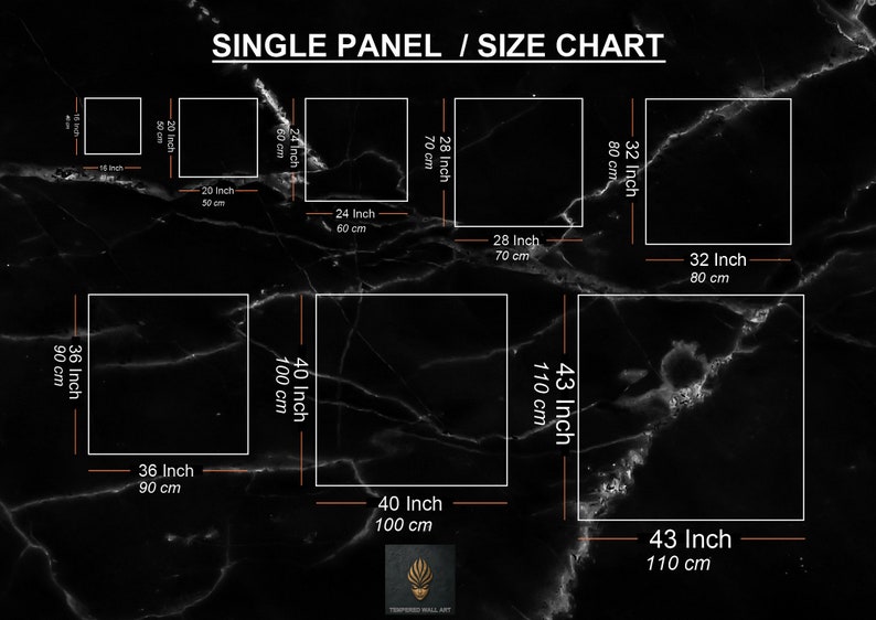 May include: A size chart for single panel canvas prints. The chart shows the dimensions in inches and centimeters for various sizes, ranging from 16 inches to 43 inches.