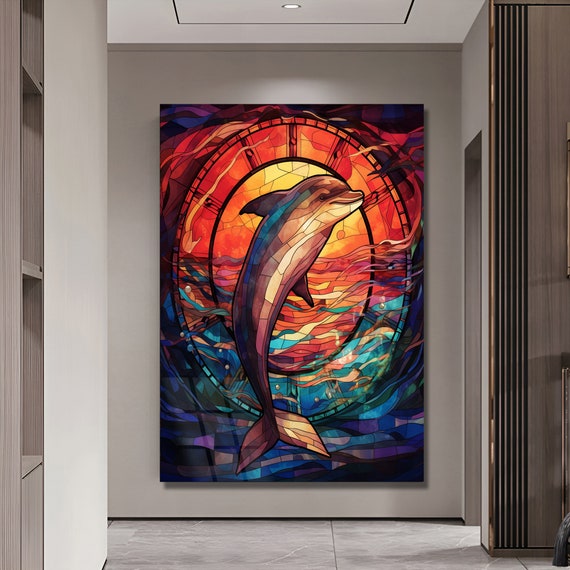 ステンドグラスアート、イルカのステンドグラスアート、壁掛け、イルカ