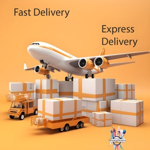May include: A white airplane with orange accents is flying over a stack of white boxes with orange tape. The boxes are arranged in a pyramid shape. The text "Express Delivery" is written in orange letters on a yellow background.