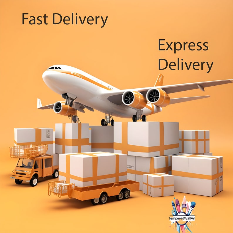 May include: A white airplane with orange accents is flying over a stack of white boxes with orange tape. The boxes are arranged in a pyramid shape. The text "Express Delivery" is written in orange letters on a yellow background.