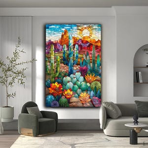 May include: A stained glass style artwork depicting a desert landscape with cacti, flowers, and a setting sun. The artwork features vibrant colors, including shades of blue, green, red, yellow, and orange.