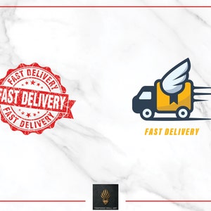 May include: A red distressed rubber stamp with the text "FAST DELIVERY" in white. A yellow delivery truck with wings is speeding to the right with the text "FAST DELIVERY" below.