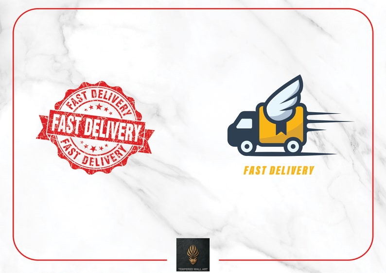 May include: A red distressed rubber stamp with the text "FAST DELIVERY" in white. A yellow delivery truck with wings is speeding to the right with the text "FAST DELIVERY" below.