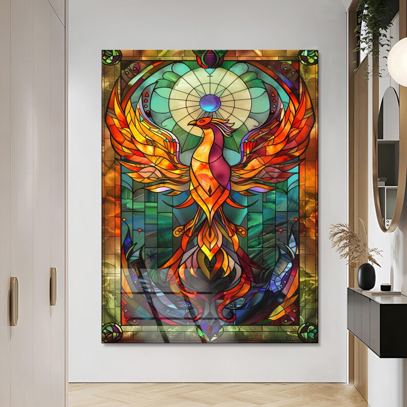 May include: A stained glass window design featuring a colorful phoenix rising from flames. The phoenix is surrounded by a circular design with a blue center and green and yellow accents. The background is a mix of blue, green, and yellow.