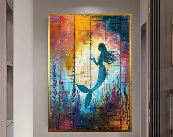 May include: A colorful abstract painting of a mermaid with a blue tail and long flowing hair. The mermaid is surrounded by seaweed and coral. The background is a wooden plank with a colorful abstract design.