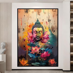 Buddha Canvas Art, Colorful Zen Wall Decor, Spiritual Lotus Painting, Modern Buddha Artwork, Tranquil Home Decoration Meditation Art Print