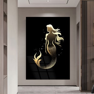 Golden Mermaid Art, Mermaid Glass Print, Unique Mermaid, Beautiful Woman Wall Art, Luxury Wall Art, Home Decor, Wall Art Gifts, Wall Hanging
