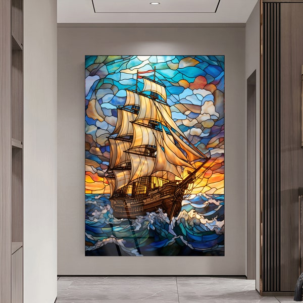 Ship Wall Art, Ship Stained Glass Art, Gift for Mom, Stained Glass Ship Home Decor, Ocean Themed Wall Art, Wall Art, Ready to Hang Art, Gift