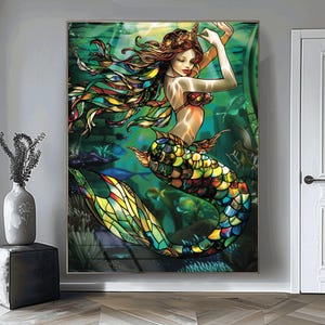 May include: A colourful stained glass mermaid with a long flowing tail and a crown on her head. The mermaid is surrounded by green and blue water with fish and coral.