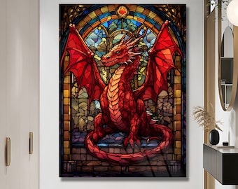 Dragon Stained Glass Art, Dragon Wall Art, Stained Glass Art, Culturel Wall Art, Luxury Wall Art Red Dragon home Decor Stained glass animals