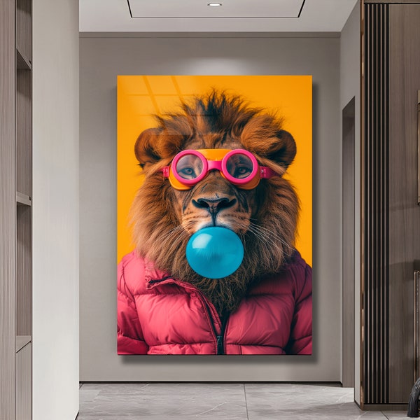 Lion Pop Art Lion portrait bande dessinée décoration murale art en verre trempé mode décoration murale art mural chambre d'enfant cadeau pour enfants art mural animal portrait