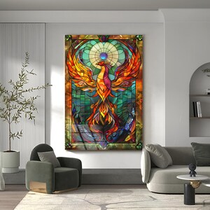 May include: A stained glass window depicting a colorful phoenix rising from flames. The phoenix is surrounded by a circular design with a blue center and a yellow halo. The background is a mix of green, blue, and purple.